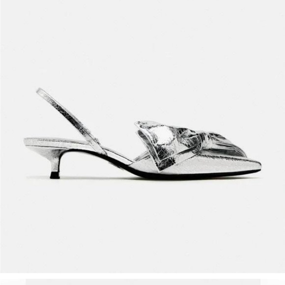 NWT Zara Silver Metallic Bow EU 38 Pointed Toe Slingback Kitten Heel - Picture 4 of 11